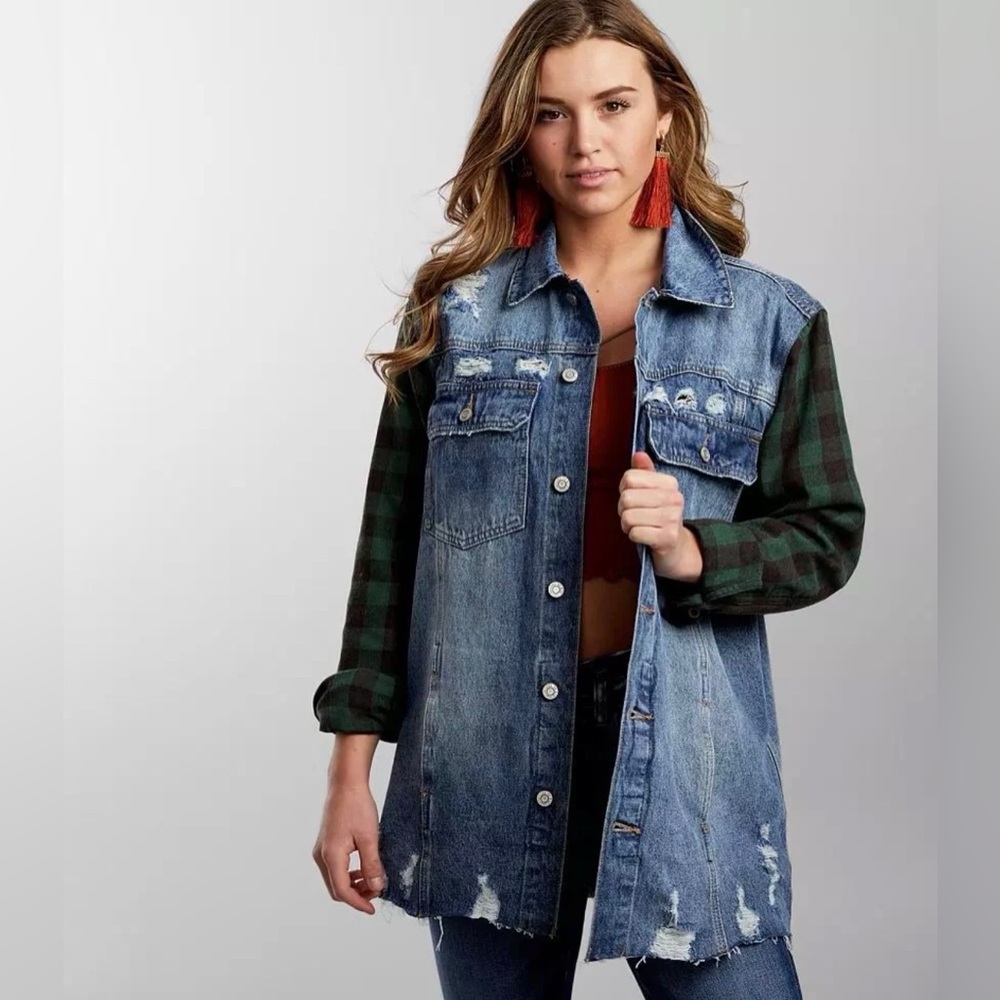 Distressed Denim Jacket with Plaid Sleeves